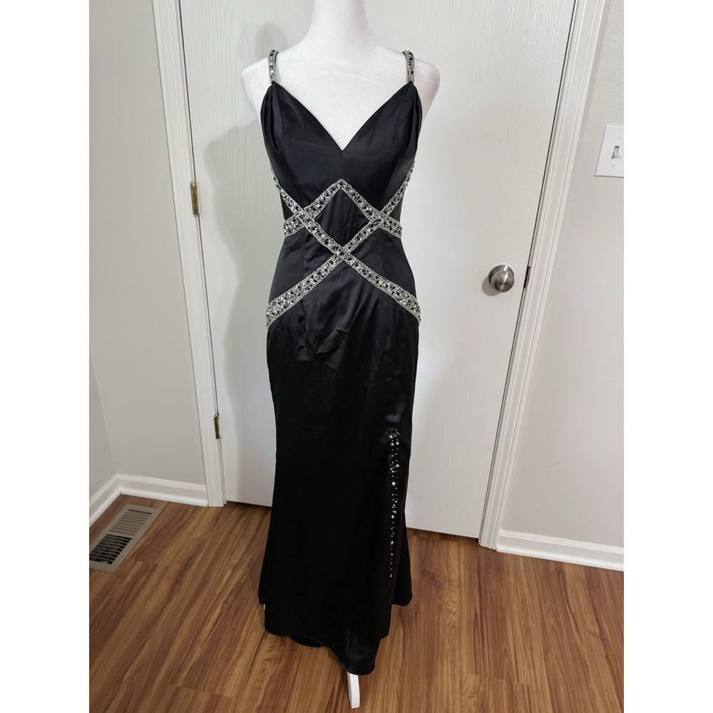 Black Beaded Sequin Formal Prom Dress 0/2 Sleeveless Train Back Side Slit Y2K